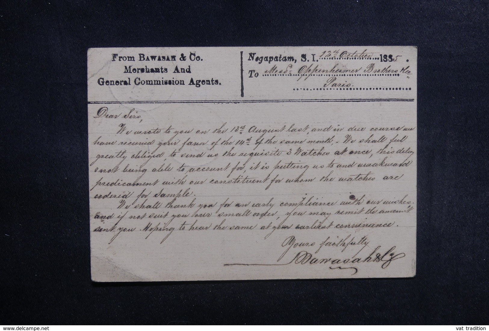 INDE - Entier Postal Commercial ( Repiquage Au Verso ) De Negapatam Pour Paris En 1885 - L 39570 - 1882-1901 Empire