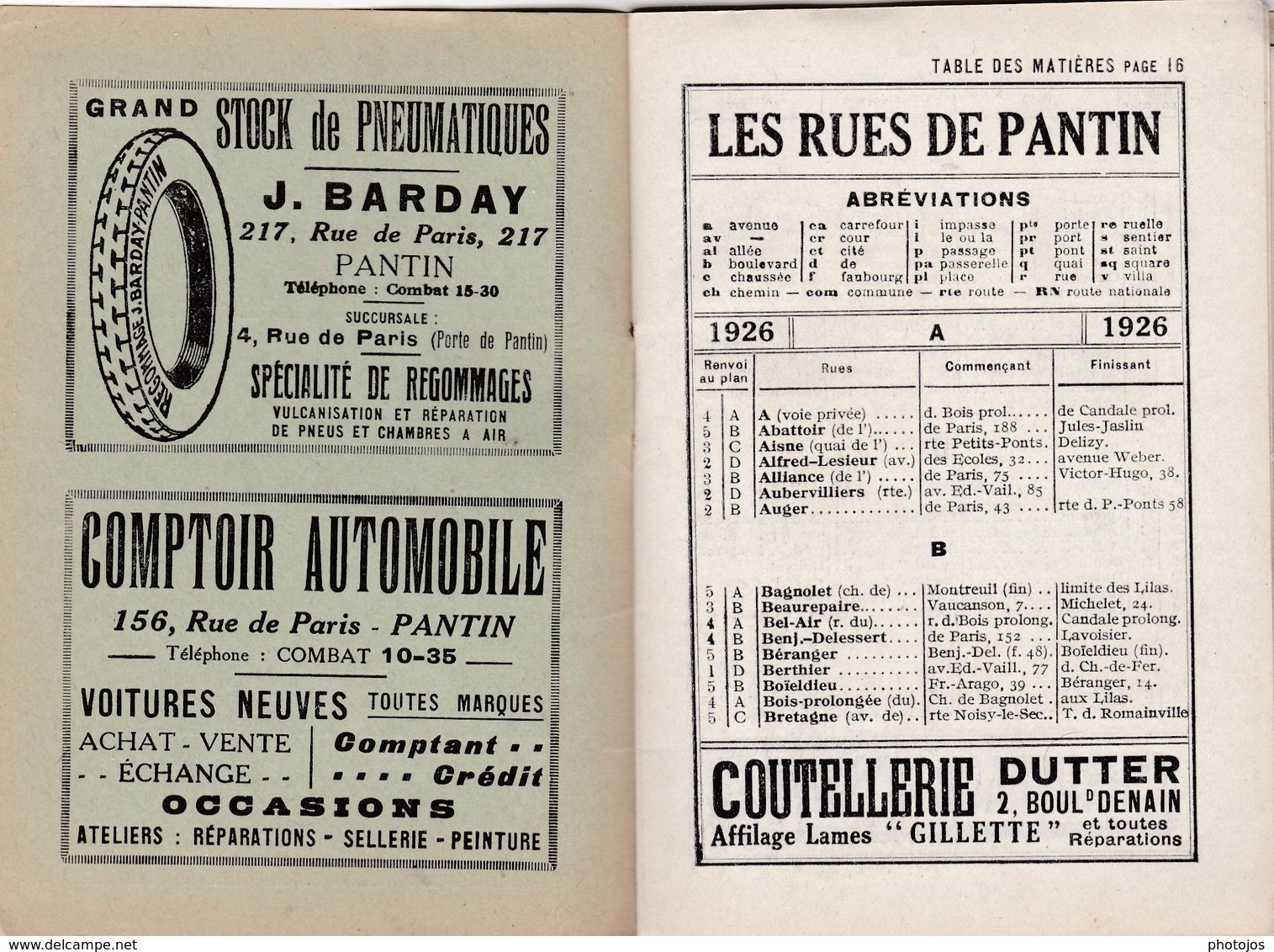 Les Guides Verts : Pantin (93) Plan Rues Renseignements En 1926  Publicités Commerciales - Europe