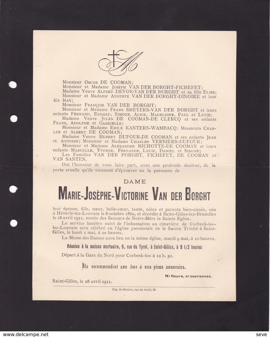 CORBEEK-LOO KORBEEK-LO Marie VAN DER BORGHT Heverlé 1860 Saint-Gilles 1911 Familles FICHEFET DE COOMAN DE CLERCQ - Avvisi Di Necrologio