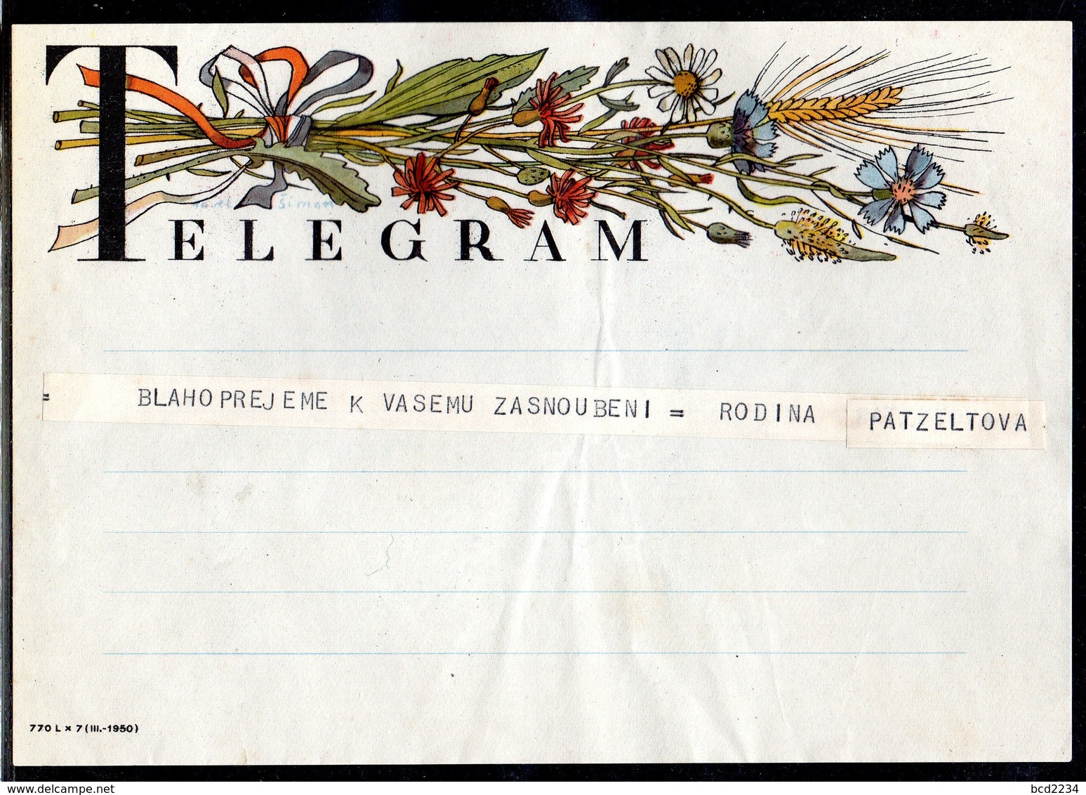 CZECHOSLOVAKIA 1950 TELEGRAM WEDDING BEST WISHES USED TÉLÉGRAMME TELEGRAMM TELEGRAMA TELEGRAMMA CZECH SLOVAKIA - Lettres & Documents