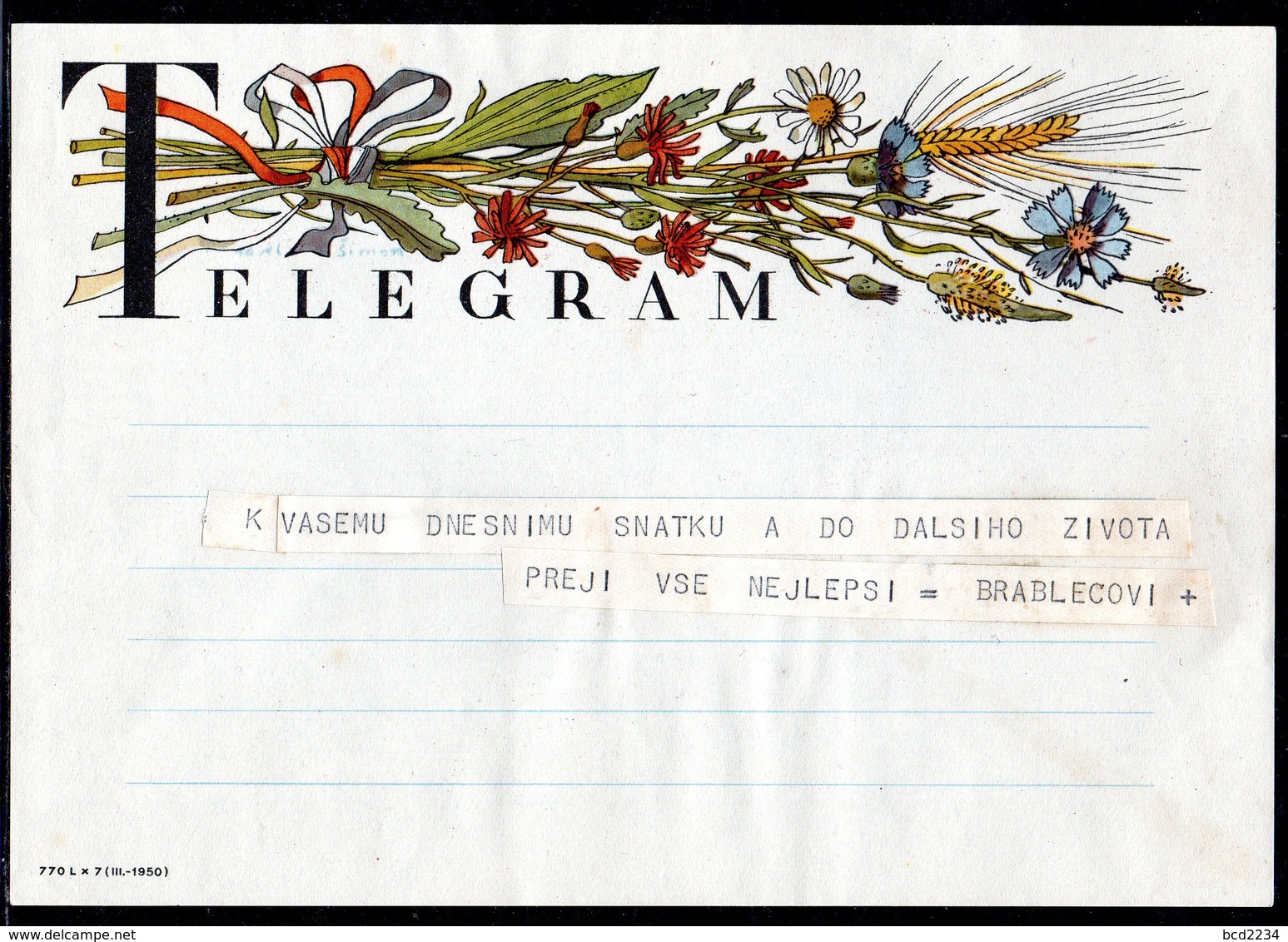 CZECHOSLOVAKIA 1950 TELEGRAM WEDDING BEST WISHES USED TÉLÉGRAMME TELEGRAMM TELEGRAMA TELEGRAMMA CZECH SLOVAKIA - Altri & Non Classificati