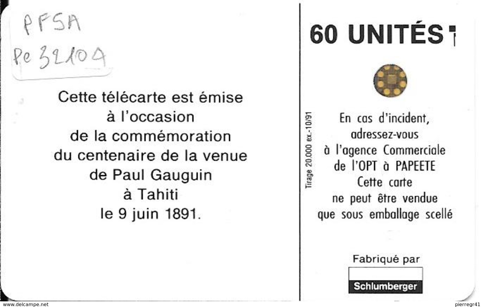 CARTE-PUCE-POLYNESIE-PF5A -SC4-60U-09/91-GAUGUIN-Les ORANGES-V° 5 Pe 32104-Utilisé-TBE- - Polynésie Française