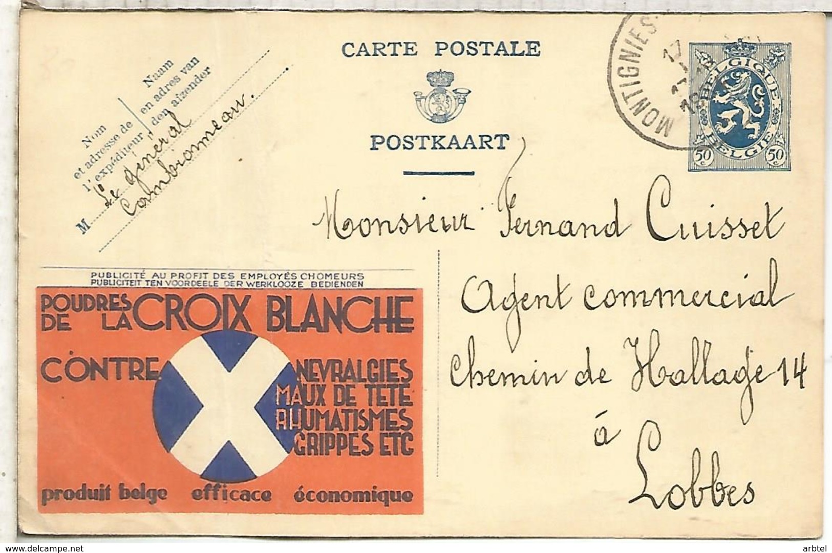 BELGICA ENTERO POSTAL PUBLIBEL 1934 LA CROIX BLANCHE MEDICINA FARMACIA PHARMACY - Farmacia