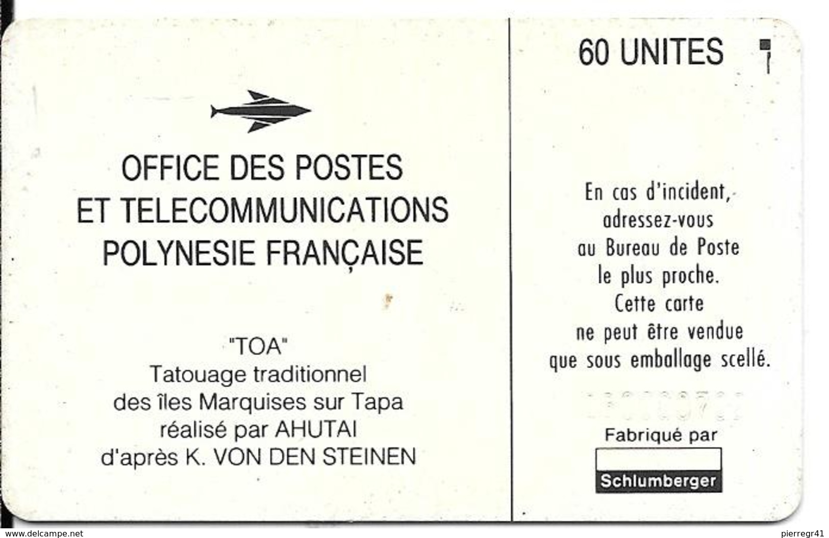 CARTE-PUCE-POLYNESIE-PF21-SC5-60U-TOA-TATOUAGE-N° Série C3C000702-UTILISE-TBE- - Polynésie Française