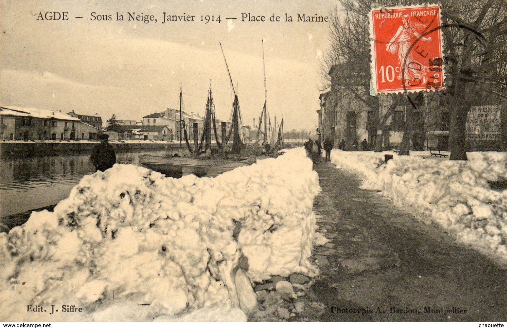 AGDE Sous La Neige Janvier 1914   Place De La Marine - Agde