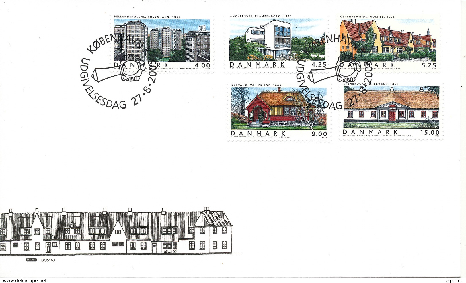 Denmark FDC 27-8-2003 Complete Set Of 5 Architecture Buildings With Cachet - FDC