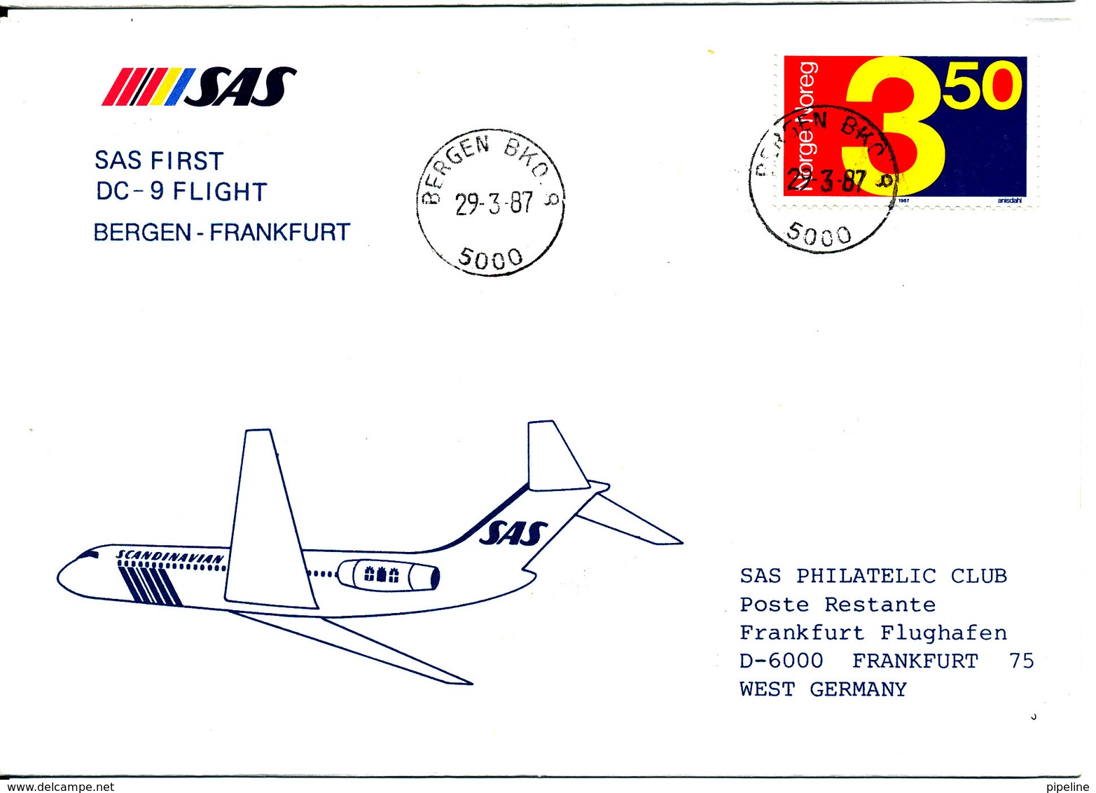 Norway Cover First SAS DC-9 Flight Bergen - Frankfurt 29-3-1987 - Covers & Documents