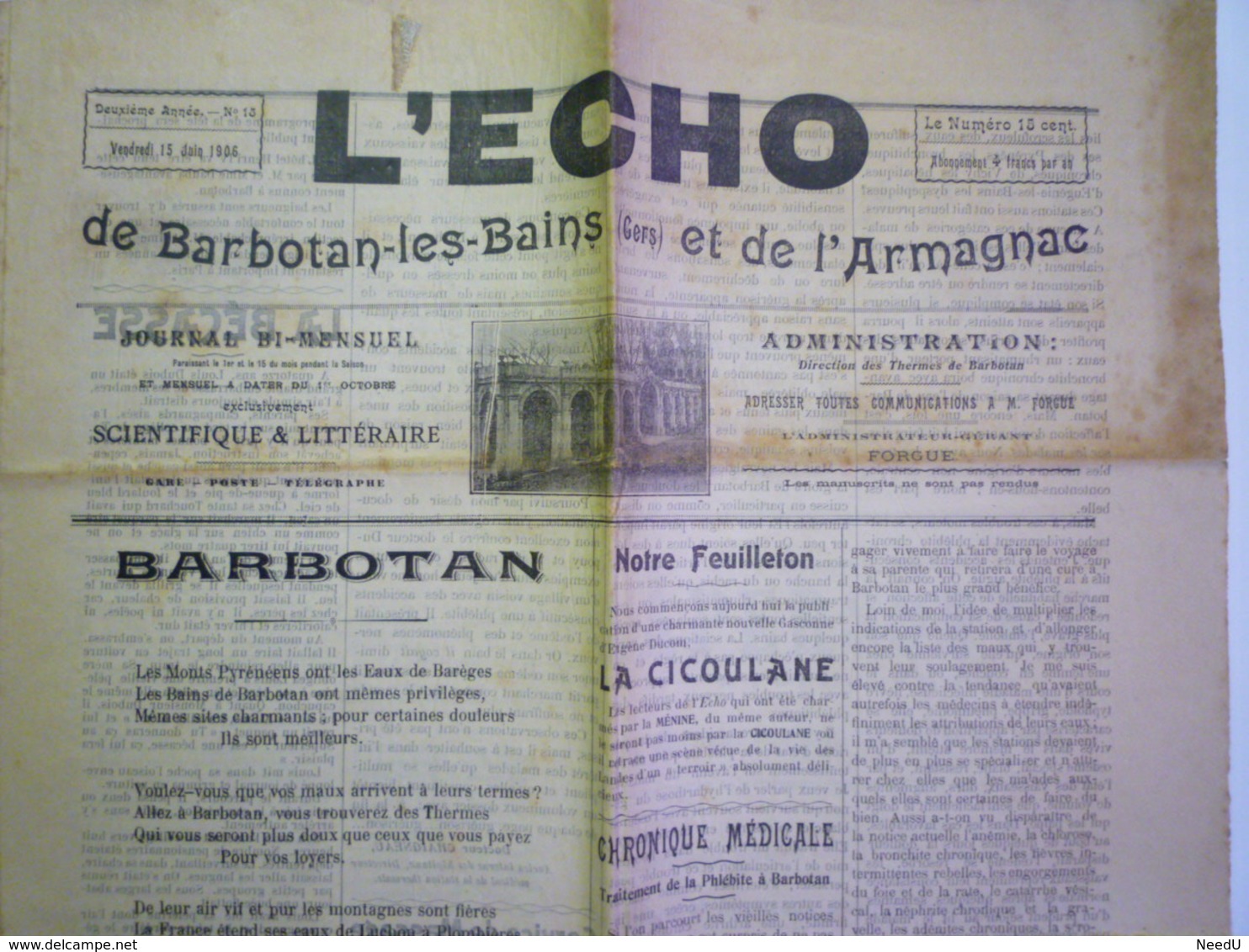 GP 2019 - 1959   Journal "L'ECHO De Barbotan-les-Bains Et De L'Armagnac"  15 Juin 1906   XXX - Ohne Zuordnung
