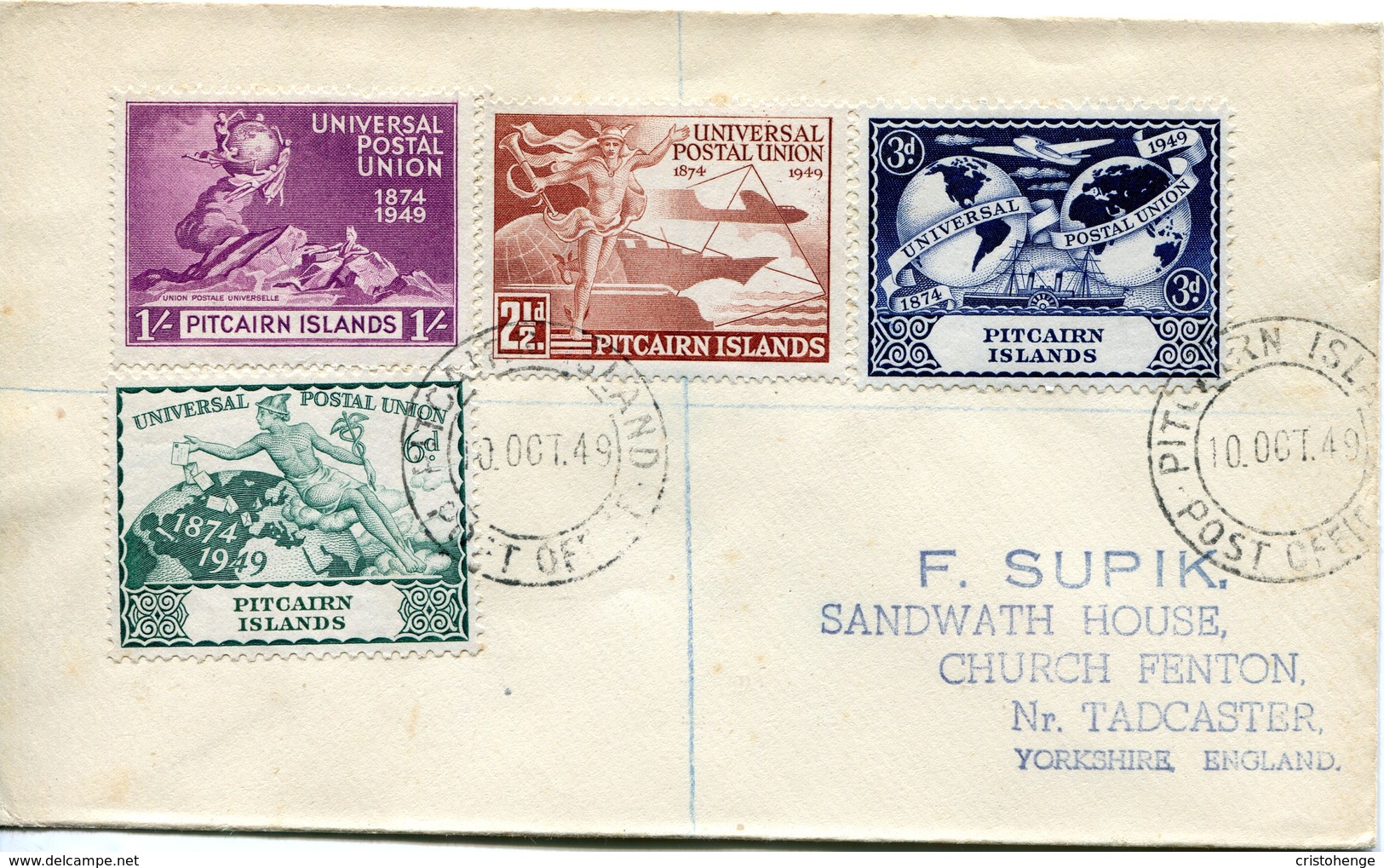 Pitcairn Islands 1949 KGVI 75th Anniversary Of UPU Set On FDC Cover - Pitcairn Islands