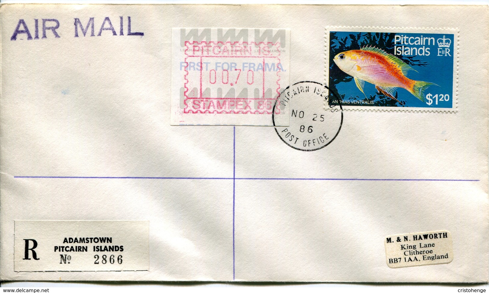 Pitcairn Islands 1986 Frama And Fish Registered Cover (SG 257) - Pitcairn Islands