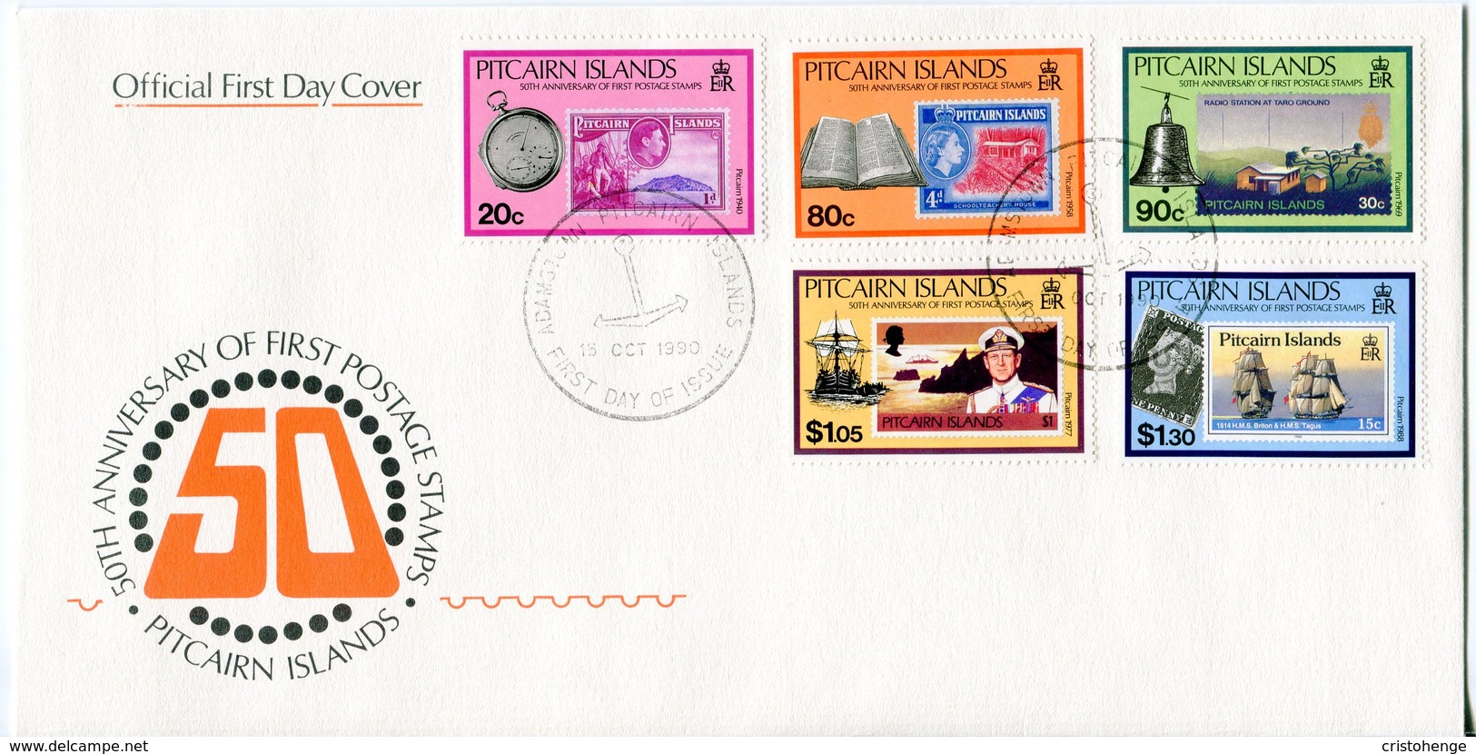 Pitcairn Islands 1990 50th Anniversary Of Pitcairn Island Stamps FDC (SG 380-384) - Pitcairn Islands