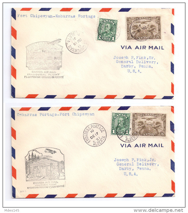 Canada 1931 2 First Flight Airmail Covers FFC Fort Chipewyan Embarras Portage - Primeros Vuelos
