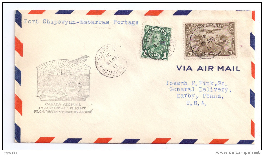 Canada 1931 2 First Flight Airmail Covers FFC Fort Chipewyan Embarras Portage - Primeros Vuelos