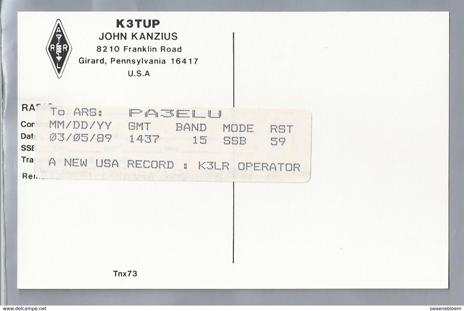 US.- QSL KAART. CARD. K3TUP. JOHN KANZIUS, GIRARD, PENNSYLVANIA. U.S.A.. ARRL. - Radio-amateur