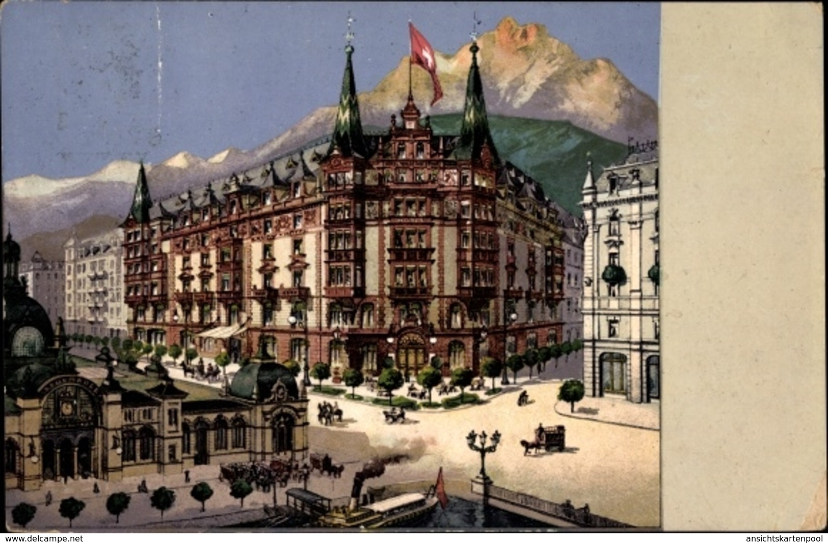 Artiste Cp Luzern Stadt Schweiz, Waldstätterhof Savoy, Straßenpartie, Dampfschiff - Lucerne