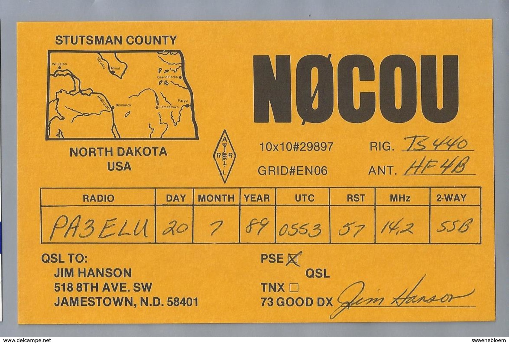 US.- QSL KAART. CARD. NØCOU,  JIM HANSON, JAMESTOWN, NORTH DAKOTA. STUTSMAN COUNTY.U.S.A.. ARRL. - Radio Amatoriale