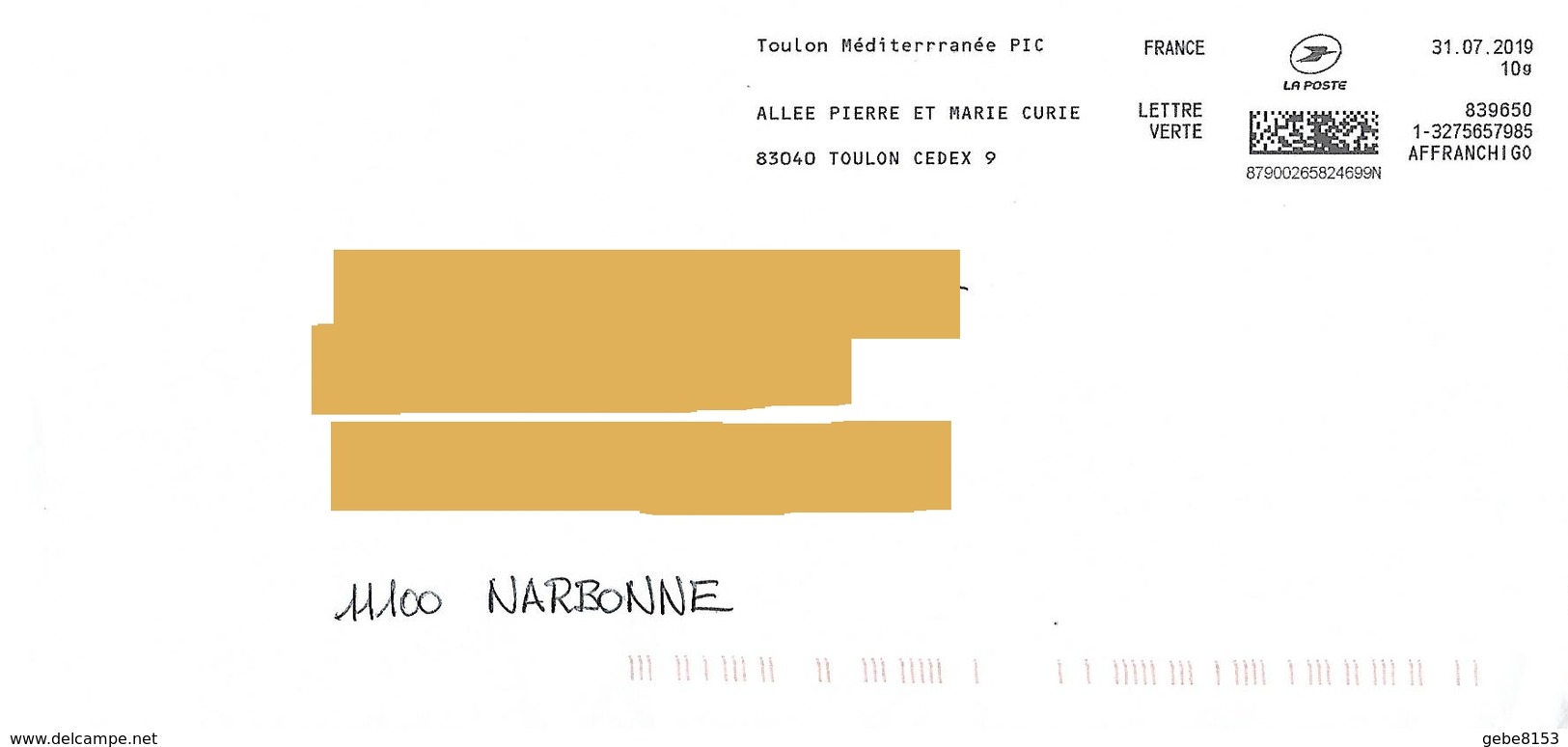 Affranchigo 10 Gr Lettre Verte Toulon Méditerranée PIC Pierre Et Marie Curie - Mechanical Postmarks (Other)