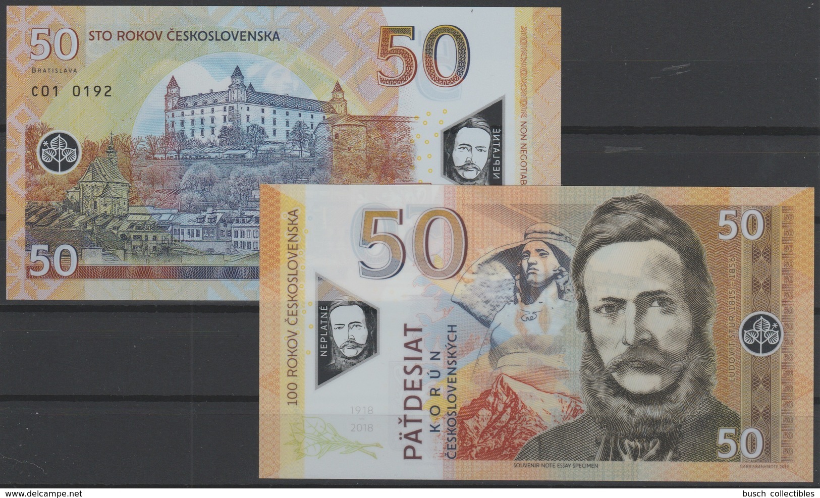 2019 Matej Gabris 50 KORUN STO ROKOV CESKOSLOVENSKA Ludovit Stur Bratislava POLYMER UNC SPECIMEN ESSAY Tirage Limité - Specimen