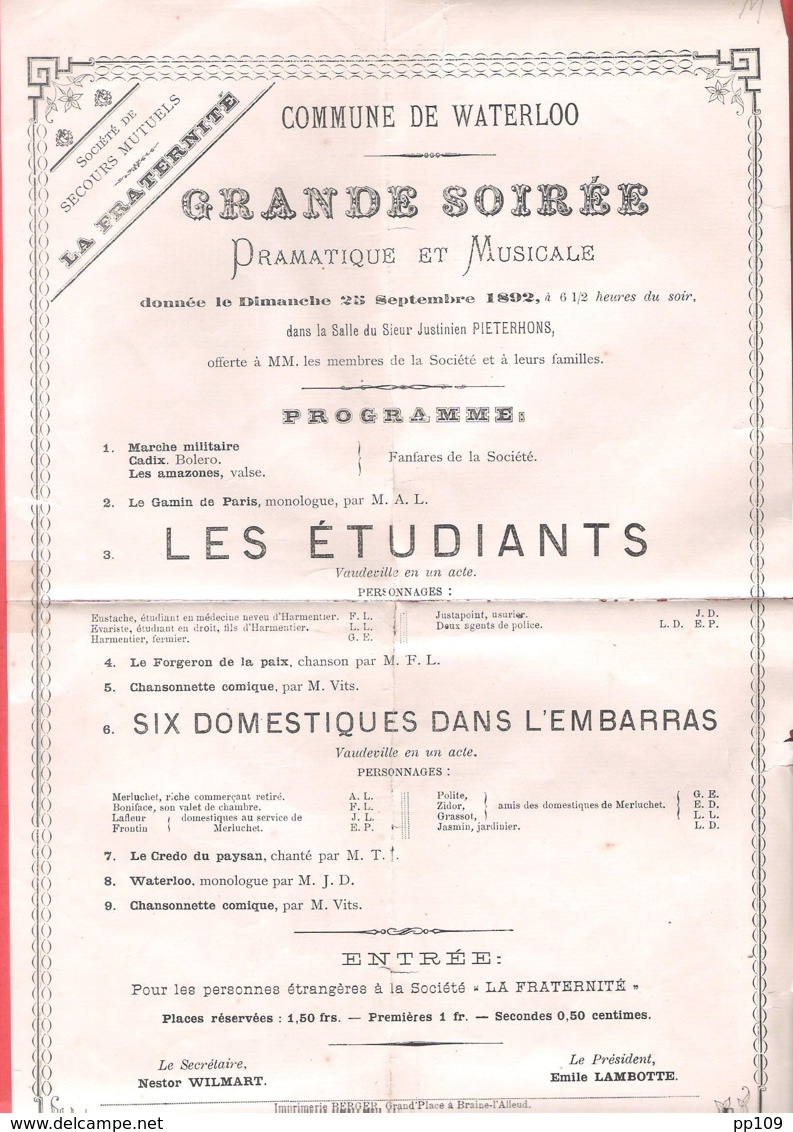 Joli Imprimé TP 43 Obl WATERLOO 10 IX 1892 - Invitation Soirée Théâtre Et Musique SOCIETE LA FRATERNITE - Autres & Non Classés