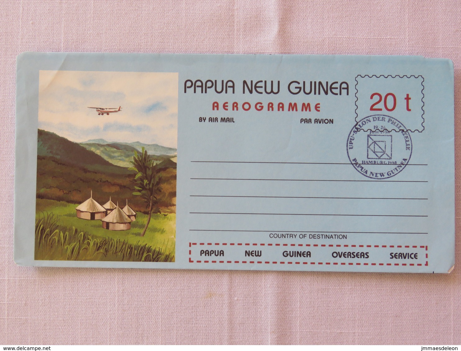 Papua New Guinea 1984 Special Hamburg Cancel On Stationery Aerogramme - Plane Over Village - Papua-Neuguinea