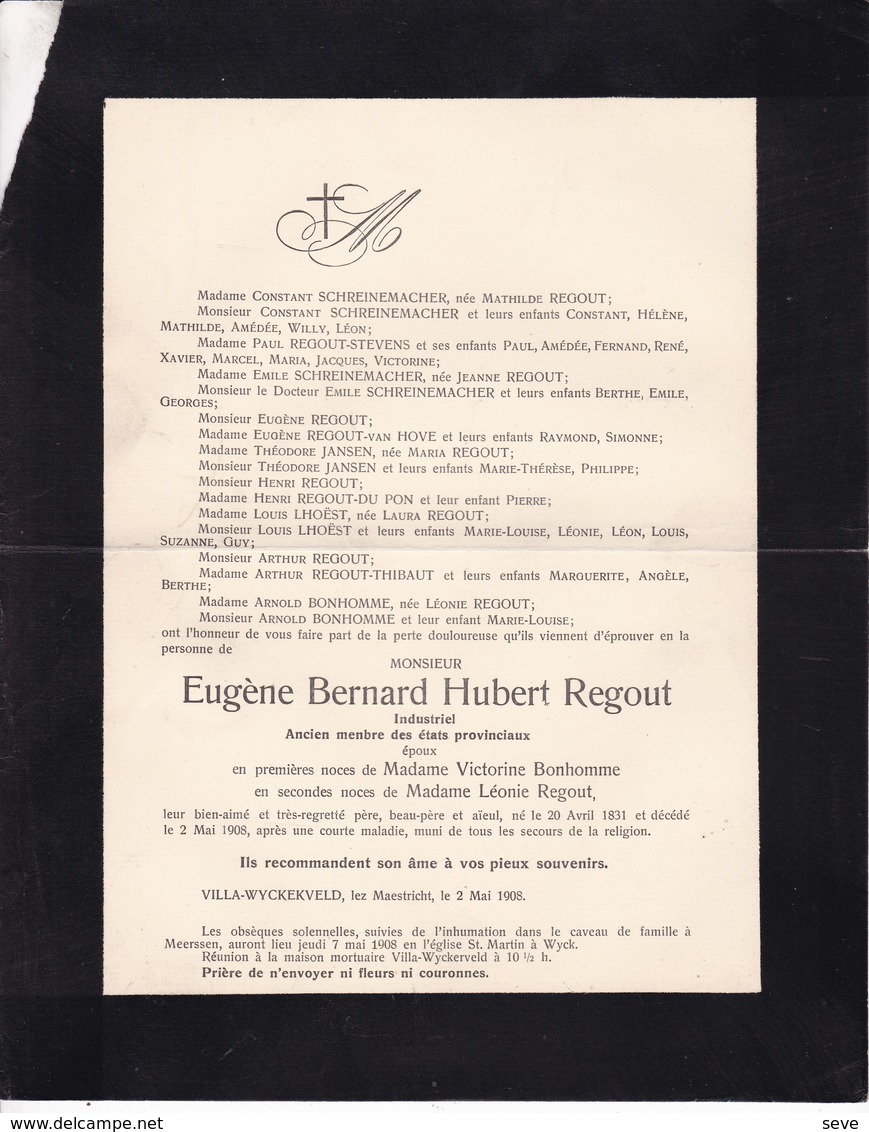 VILLA WYCKEKVELD LEZ MAESTRICHT Eugène REGOUT  1831-1908 Industriel Veuf  BONHOMME époux REGOUT - Overlijden