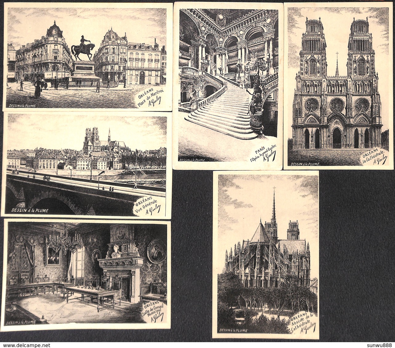 Dessins à La Plume - Lot 6 Cartes  A.Goulon Orléans Paris - Autres & Non Classés