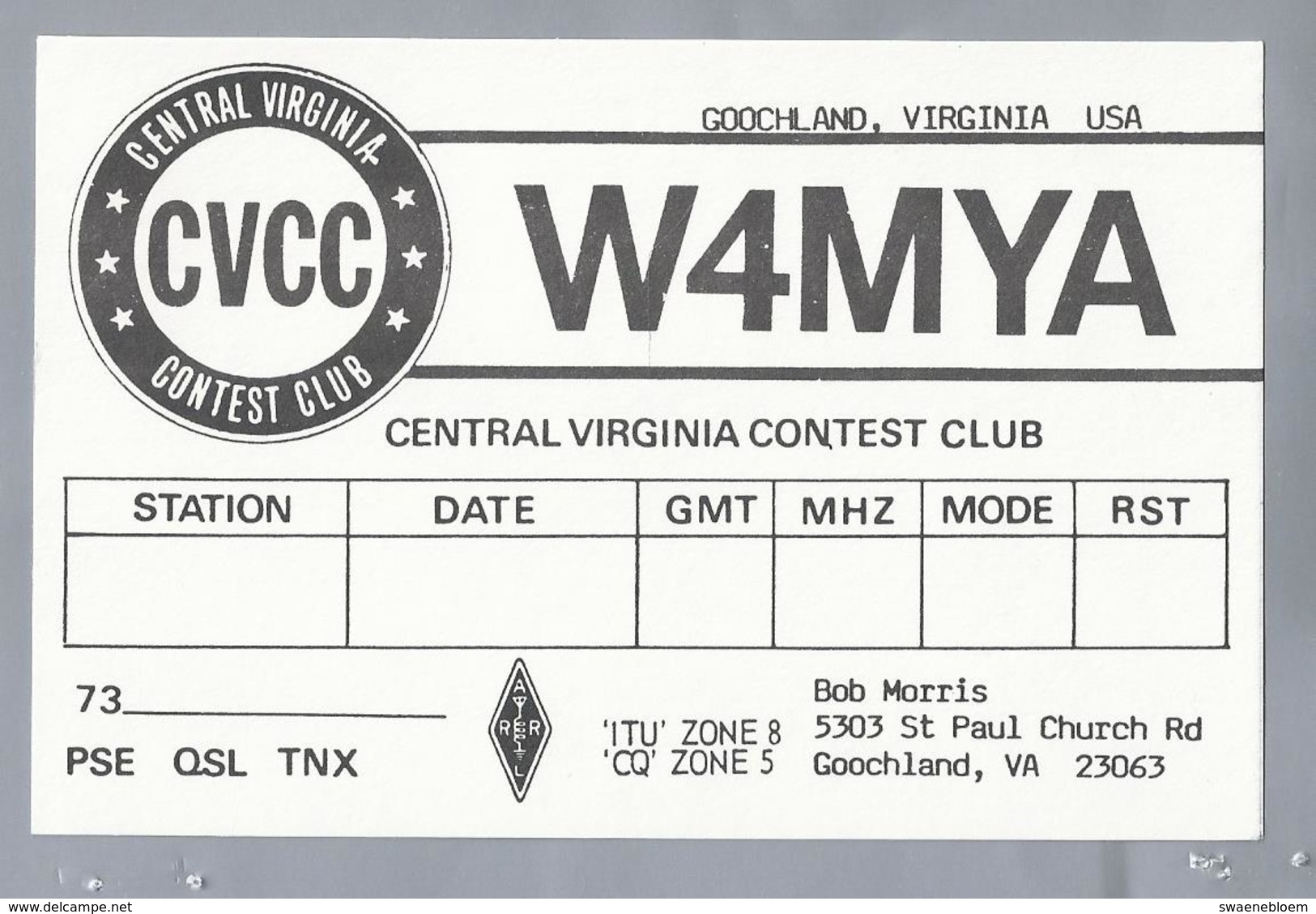 US.- QSL KAART. CARD. W4MYA. BOB MORRIS, GOOCHLAND COURT HOUSE, VIRGINIA, YORK COUNTY. U.S.A..CVCC.. - Radio-amateur