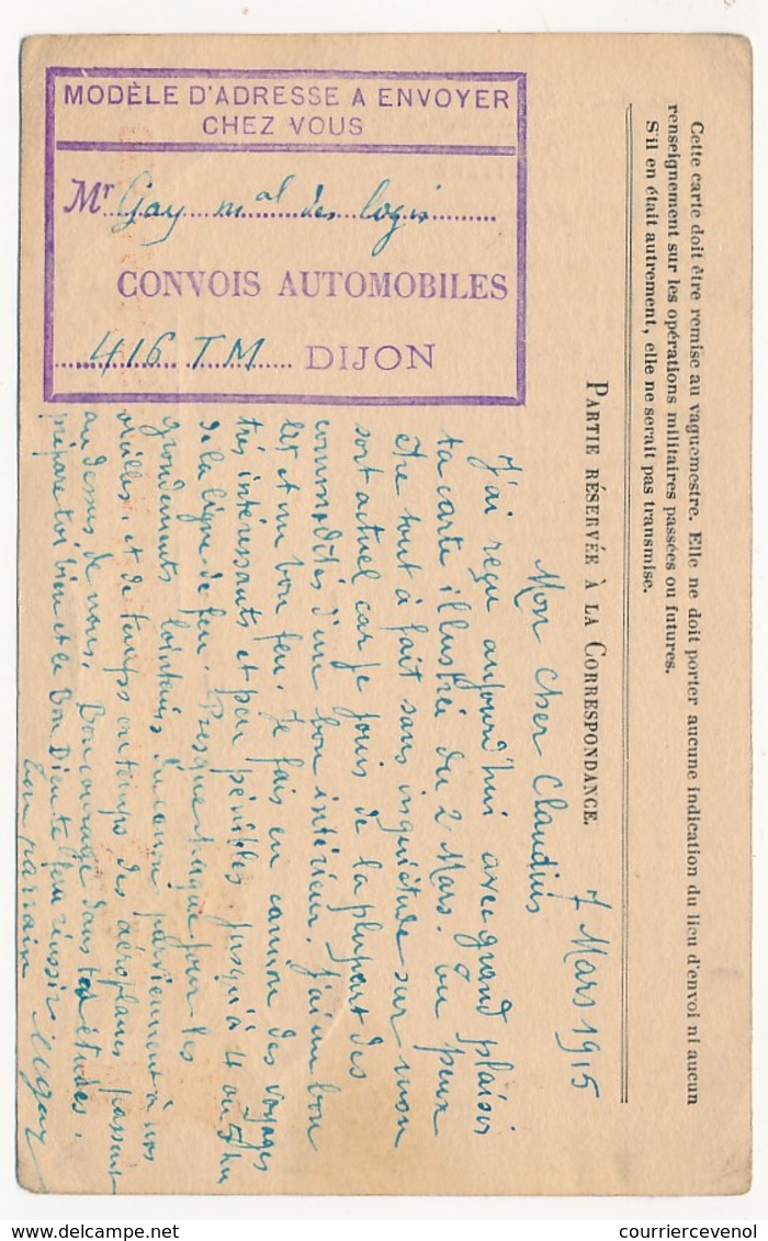 CPFM Officielle Drapeaux Stern - Cachet Adm "Convois Automobiles...... DIJON" 1915 - 1. Weltkrieg 1914-1918