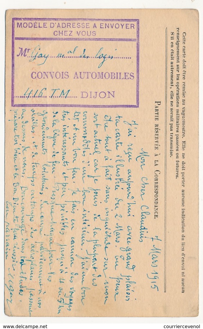 CPFM Officielle Drapeaux Stern - Cachet Adm "Convois Automobiles...... DIJON" 1915 - Guerra De 1914-18