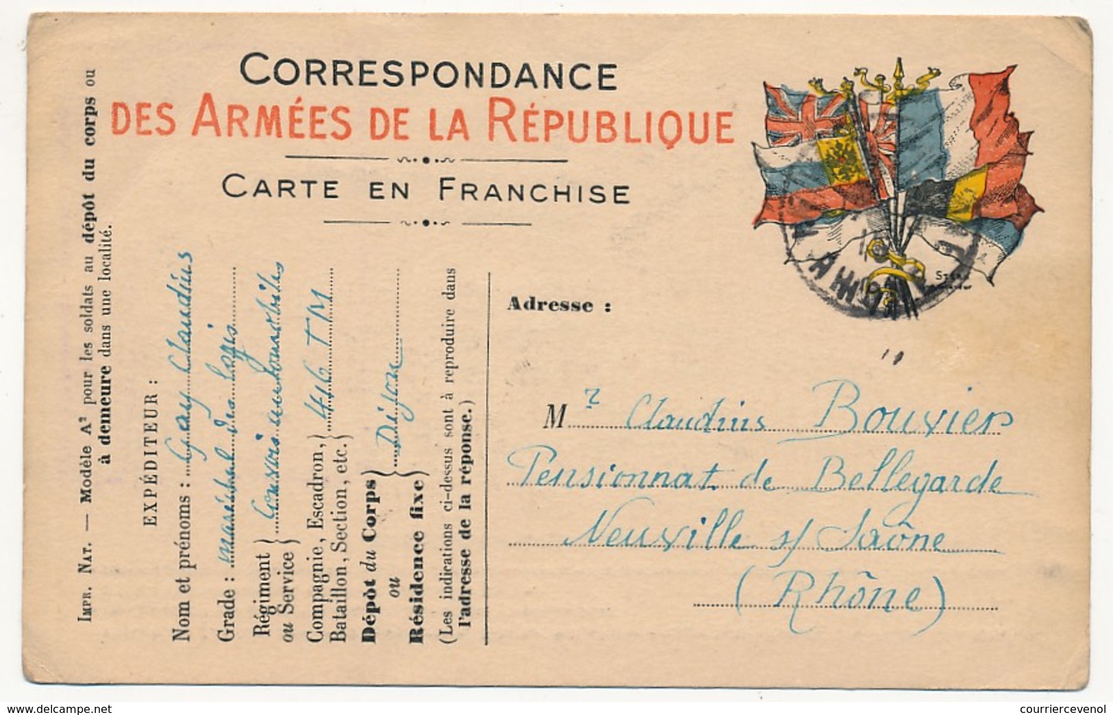 CPFM Officielle Drapeaux Stern - Cachet Adm "Convois Automobiles...... DIJON" 1915 - Guerra De 1914-18