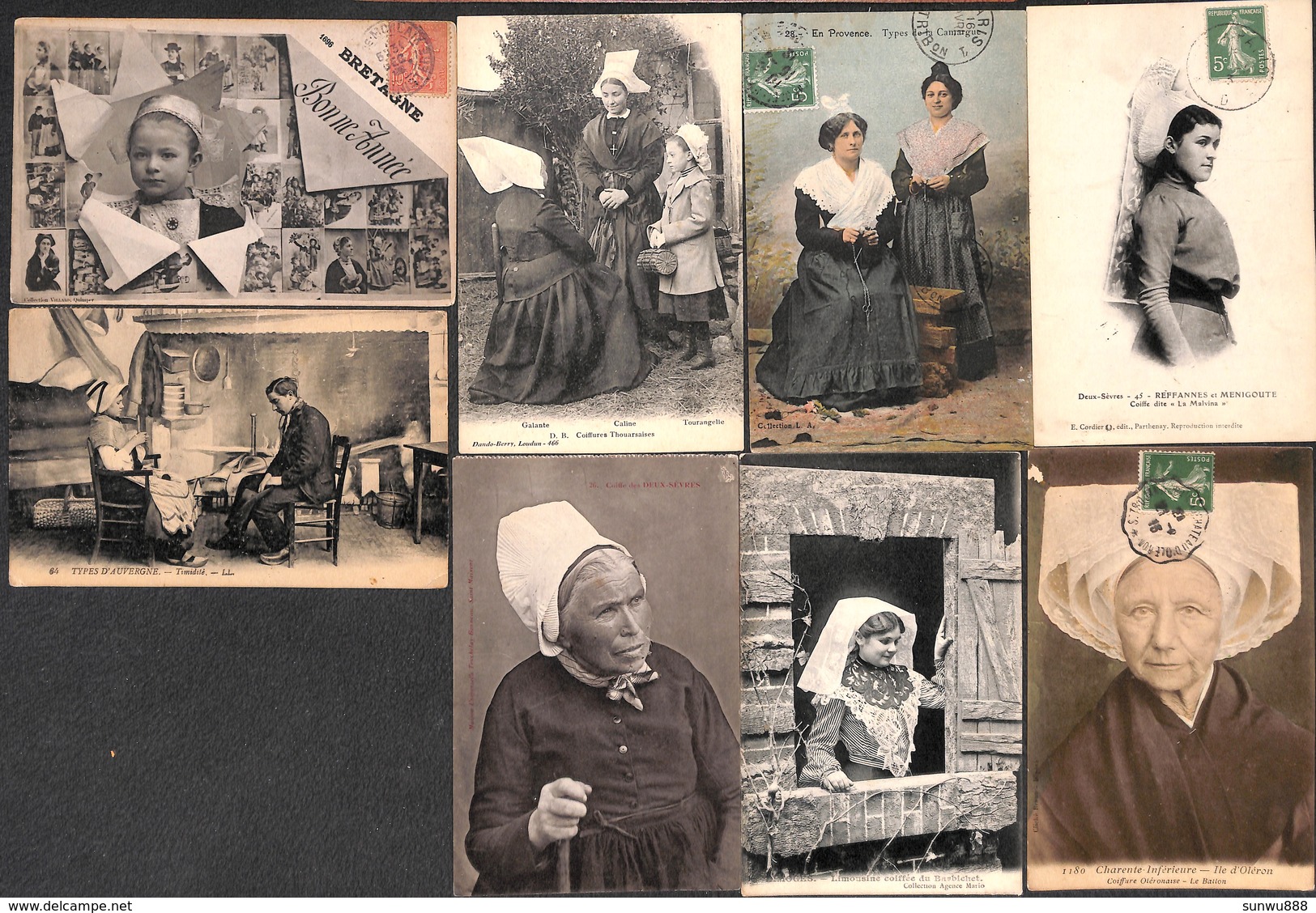 Lot 16 Cartes - Folklore Auvergne Coiffe Costume Coiffure Charente Animation Calais Fumeur...) - Autres & Non Classés