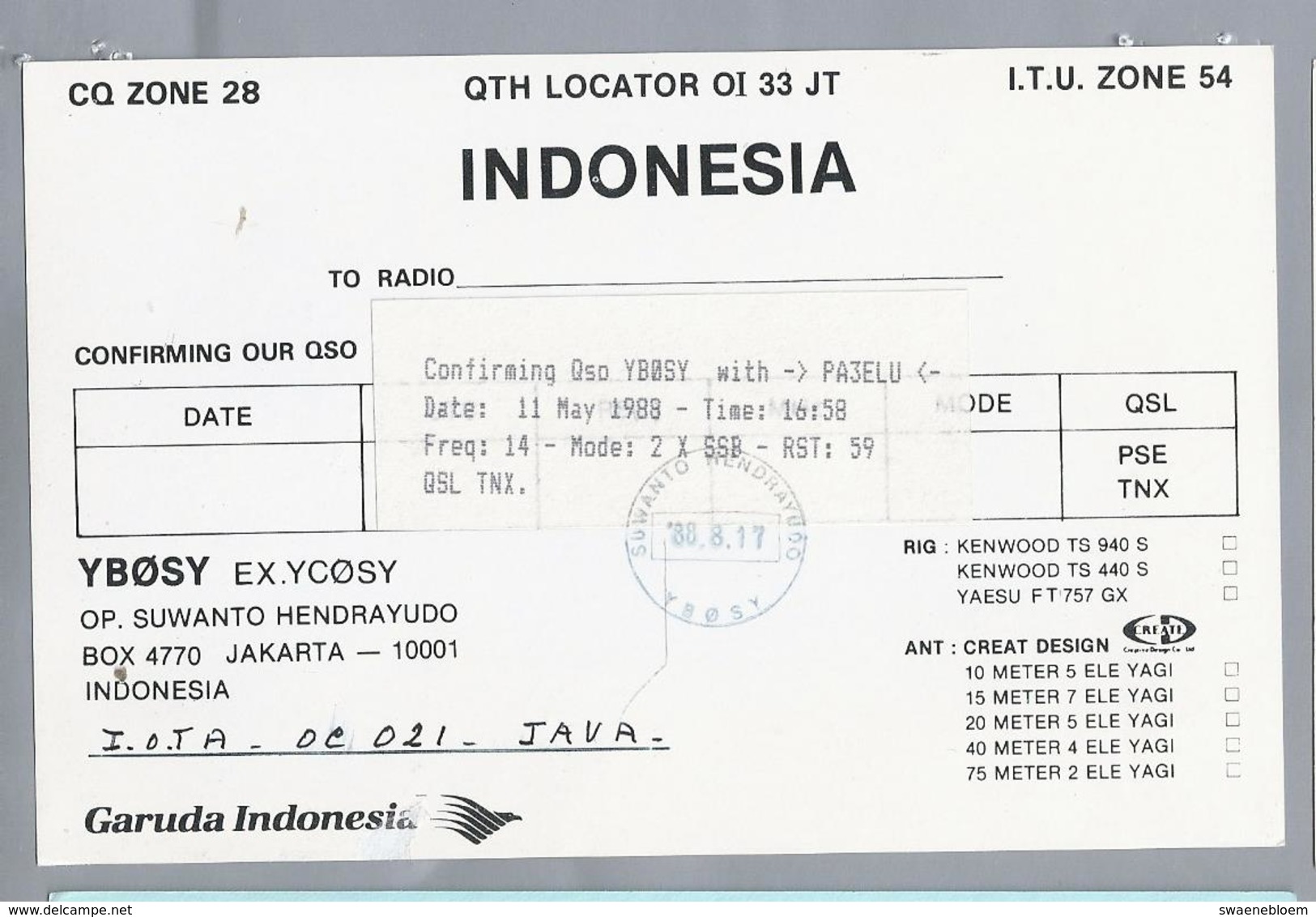 ID.- QSL Card. INDONESIA. ORARI - YBOSY. GARUDA - PK GSA. Boeing 747-2U3B. 11 MEI 1988. OP. SUWANTO HENDRAYUDO. JAKARTA - Radio-amateur