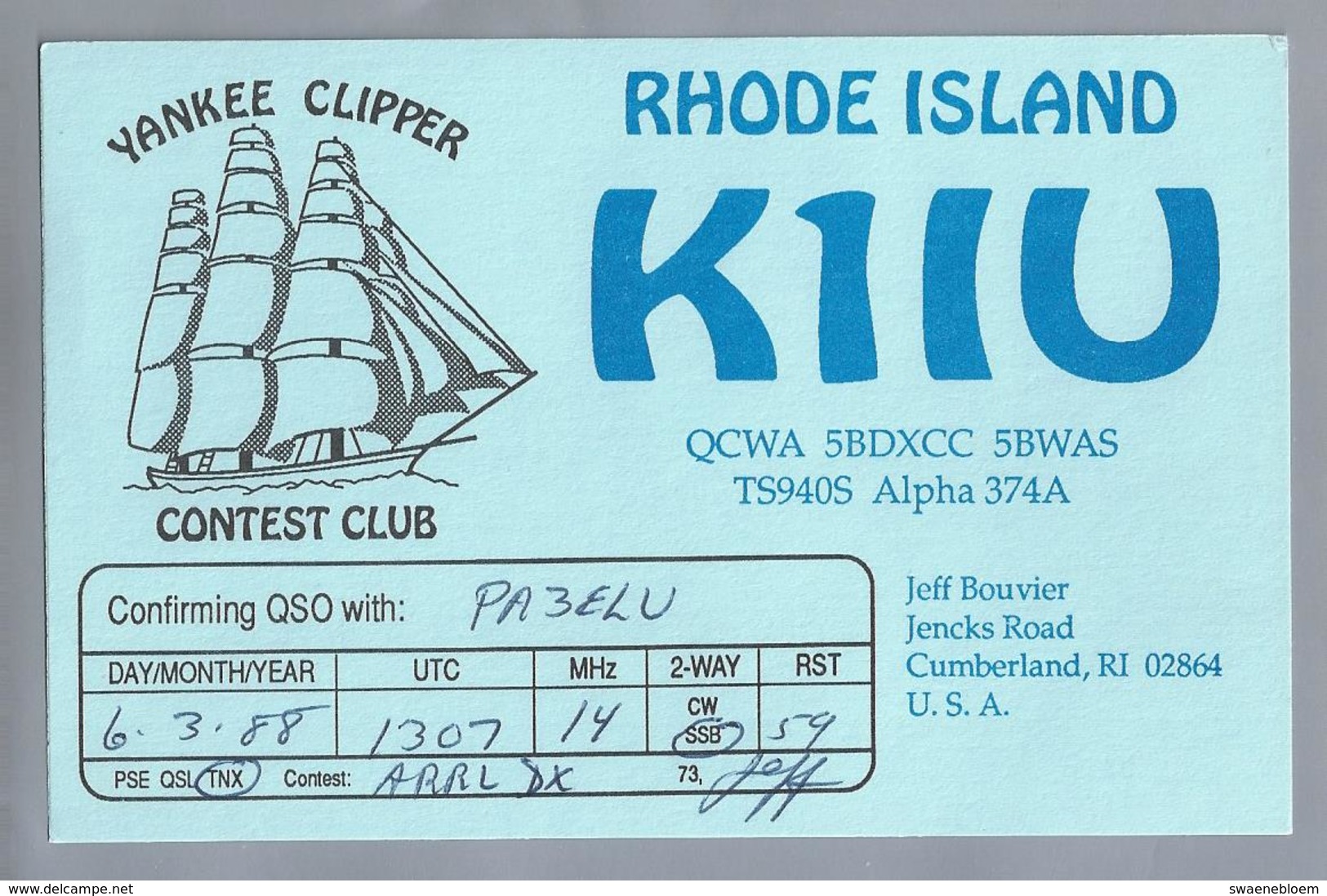 US.- QSL KAART. CARD. K1IU. RHODE ISLAND. JEFF BOUVIER, CUMBERLAND, RI. U.S.A. YANKEE CLIPPER. CONTEST CLUB - Radio-amateur