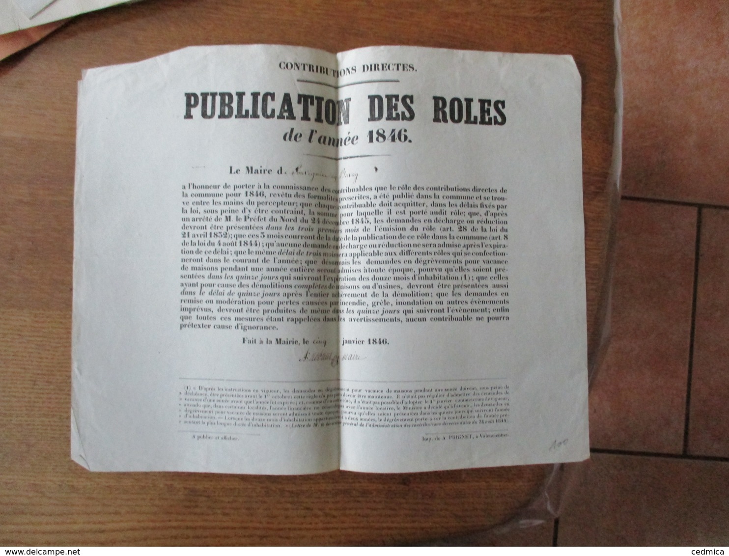 LOUVIGNIES LEZ BAVAY LE 5 JANVIER 1846 LE MAIRE A:ROBAUT CONTRIBUTIONS DIRECTES PUBLICATION DES ROLES DE L'ANNEE 1946 - Affiches