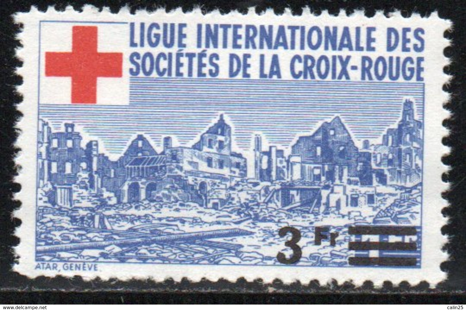 FRANCE - LOT 59 - LIGUE INTERNATIONALE DES SOCIETES DE LA CROIX ROUGE - VIGNETTE à 3 F SURCHARGEE SUR 1 F - Croix Rouge