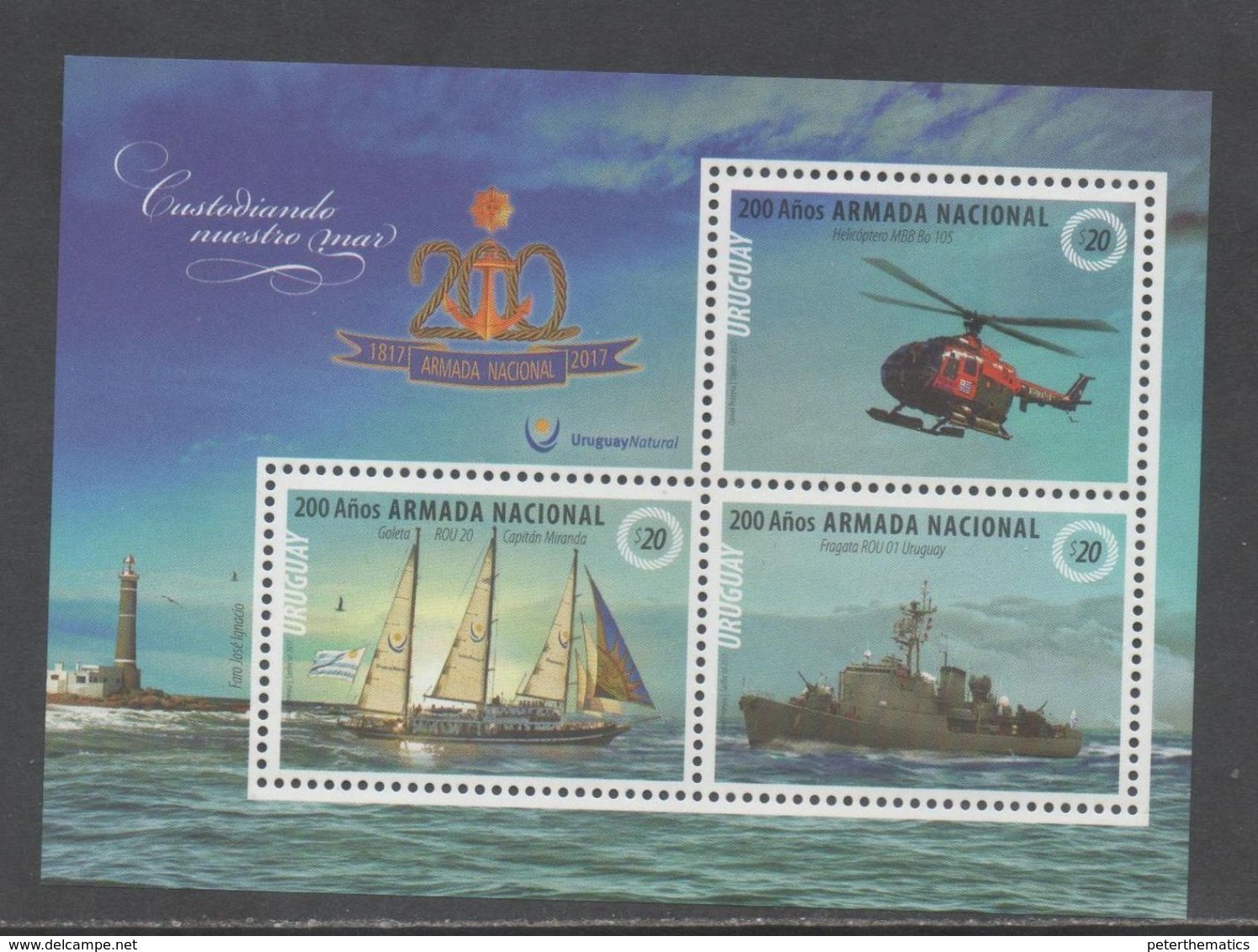 URUGUAY, 2017, 10OTH ANNIVERSARY OF URUGUYAN NAVY, SHIPS, BATTLE SHIPS, HELICOPTERS, LIGHTHOUSES,S/SHEETS - Ships