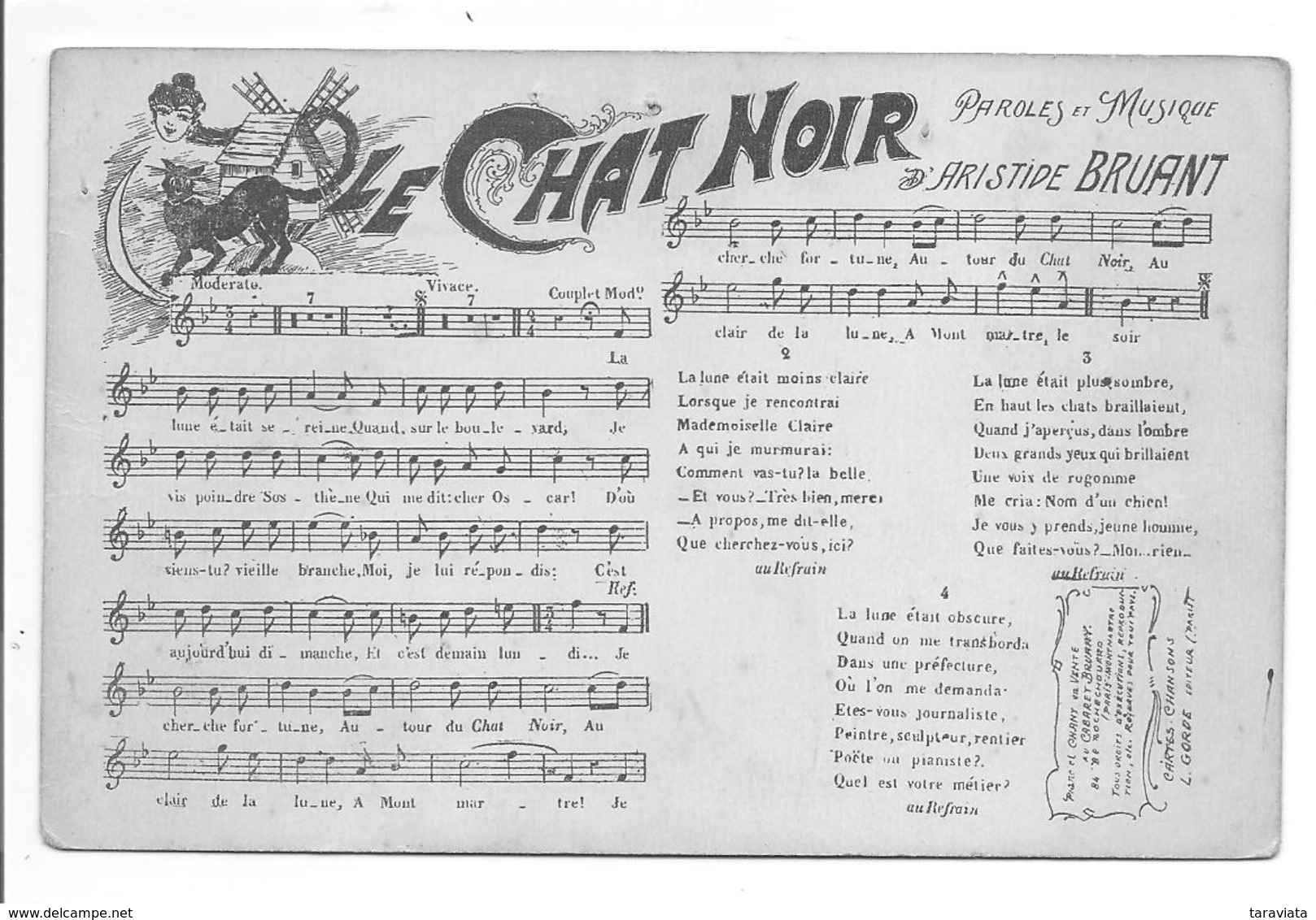 LE CHAT NOIR  PARTITION Musique Chanson Aristide Bruant - Musik Und Musikanten