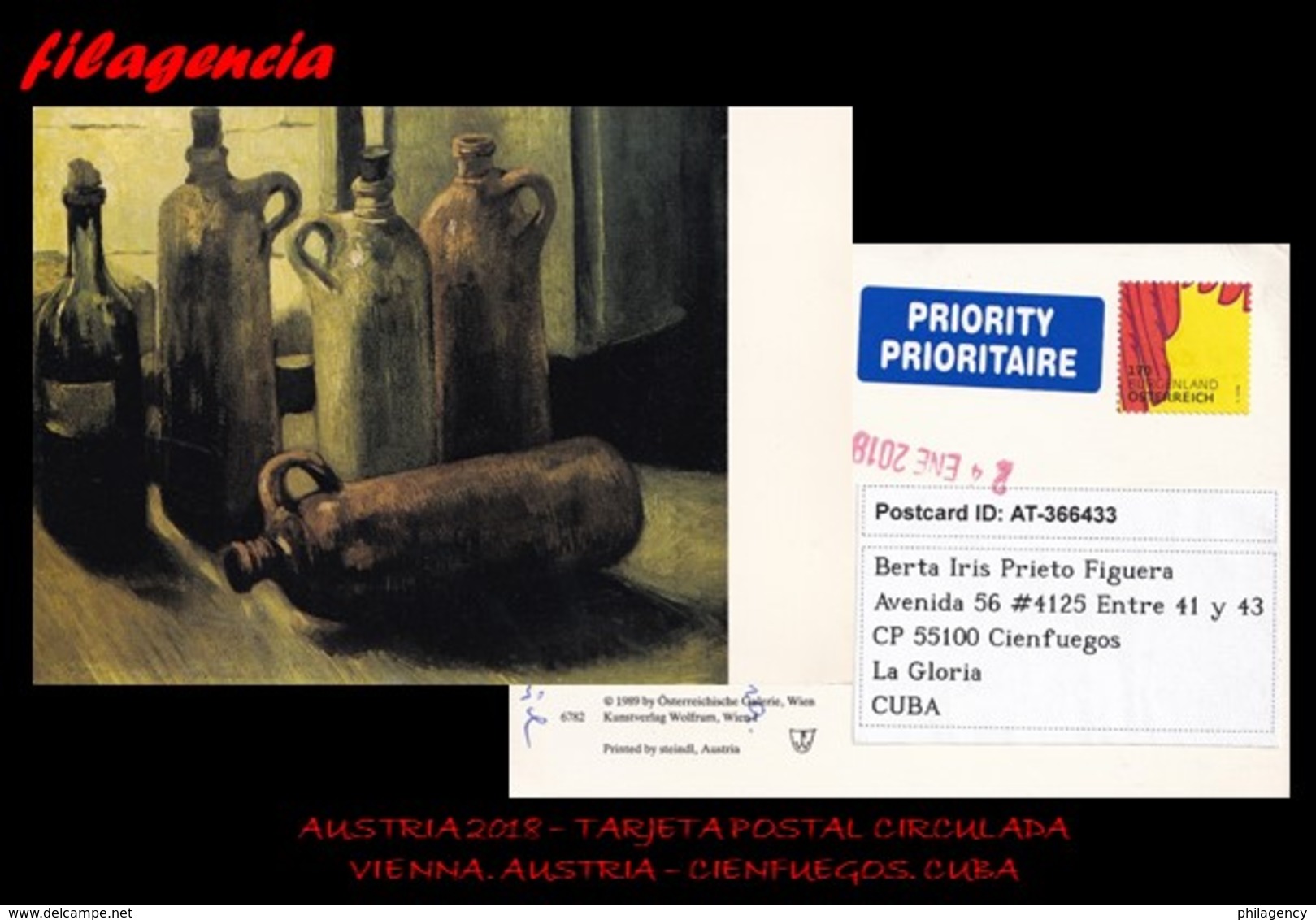 EUROPA. AUSTRIA. ENTEROS POSTALES. TARJETA POSTAL CIRCULADA 2018. VIENNA. AUSTRIA-CIENFUEGOS. CUBA. VINCENT VAN GOGH - Lettres & Documents