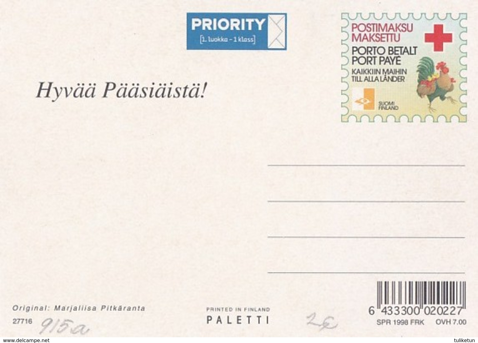 Postal Stationery - Chicks Having Fun - Eggs - Happy Easter - Red Cross 1998 - Suomi Finland - Postage Paid - Entiers Postaux