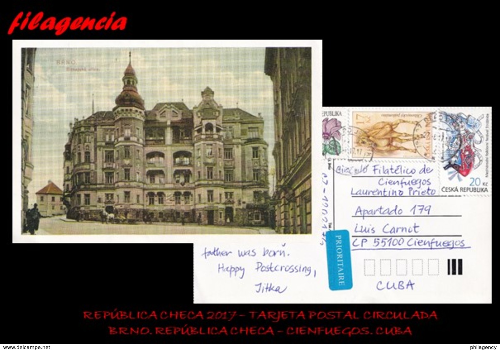 EUROPA. REPÚBLICA CHECA. ENTEROS POSTALES. TARJETA POSTAL CIRCULADA 2017. BRNO. REPÚBLICA CHECA-CIENFUEGOS. CUBA - Cartas & Documentos