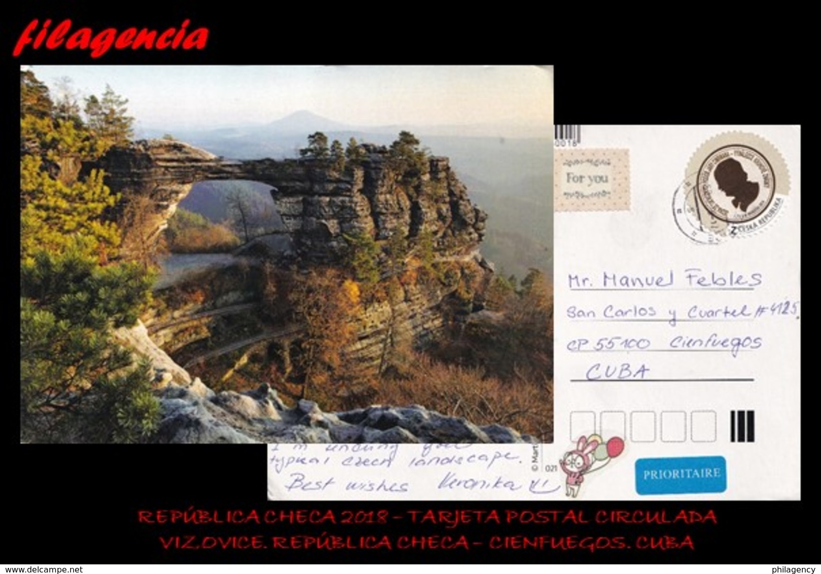 EUROPA. REPÚBLICA CHECA. ENTEROS POSTALES. TARJETA POSTAL CIRCULADA 2018. VIZOVICE. REPÚBLICA CHECA-CIENFUEGOS. CUBA - Lettres & Documents