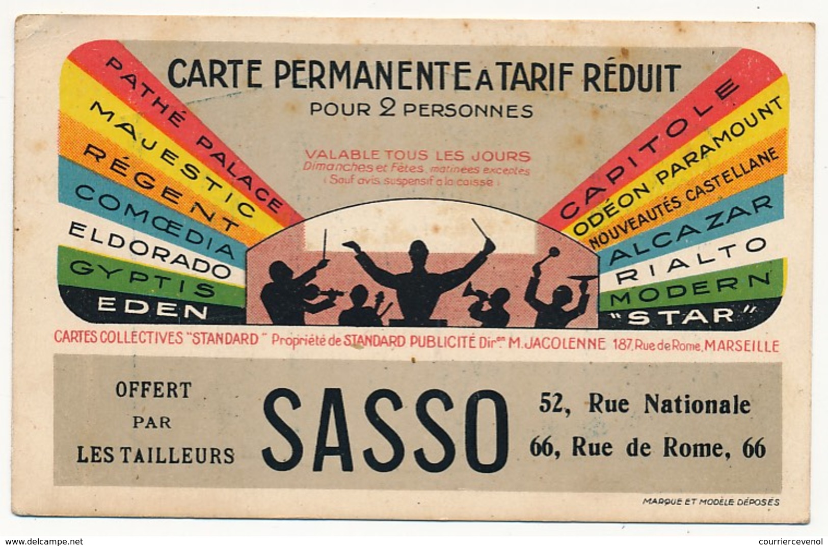 MARSEILLE - 2 Cartes De Réduction Aux Cinémas De La Ville - Publicités Brasserie La Royale Et Tailleurs Sasso - Pubblicitari