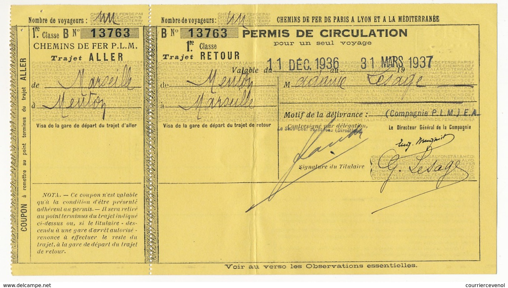 FRANCE - Chemins De Fer P.L.M. - Permis De Circulation Pour Un Seul Voyage 1936/37 - 1ere Classe - Europe