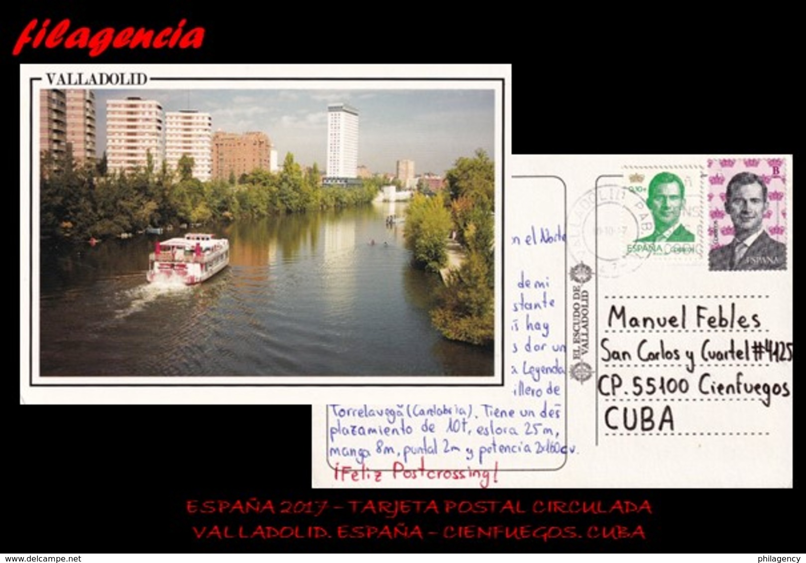 EUROPA. ESPAÑA. ENTEROS POSTALES. TARJETA POSTAL CIRCULADA 2017. VALLADOLID. ESPAÑA-CIENFUEGOS. CUBA. RÍO PISUERGA - Cartas & Documentos