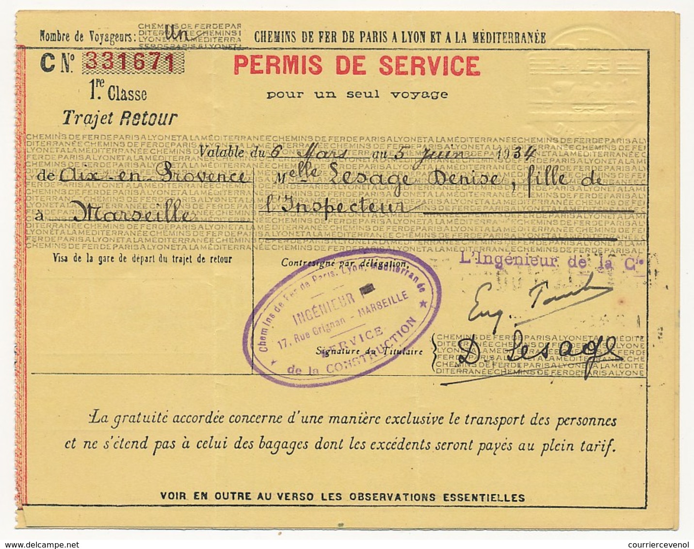 FRANCE - Chemins De Fer P.L.M. - Permis De Service Pour Un Seul Voyage 1934 - 1ere Cl. Aix En Provence / Marseille - Europa