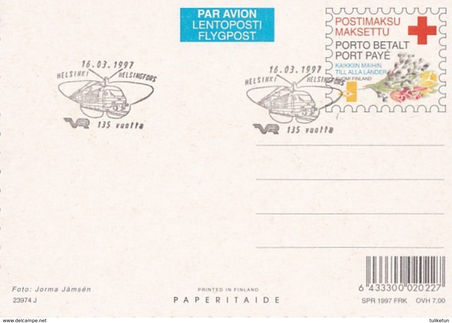 Postal Stationery - Willows And Daffodils In The Basket - Happy Easter - Red Cross - Suomi Finland - Postage Paid - Entiers Postaux