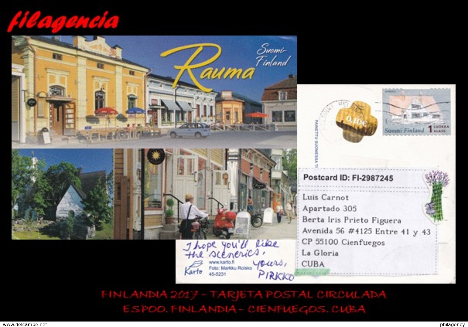 EUROPA. FINLANDIA. ENTEROS POSTALES. TARJETA POSTAL CIRCULADA 2017. ESPOO. FINLANDIA-CIENFUEGOS. CUBA. ARQUITECTURA - Covers & Documents