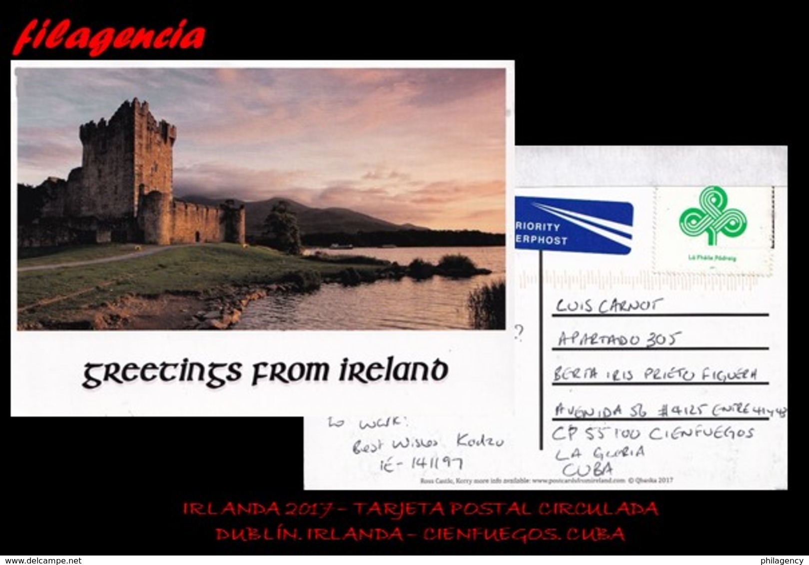 EUROPA. IRLANDA. ENTEROS POSTALES. TARJETA POSTAL CIRCULADA 2017. DUBLÍN. IRLANDA-CIENFUEGOS. CUBA. CASTILLOS - Covers & Documents