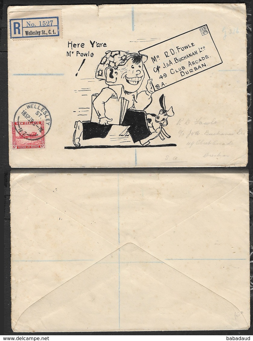 New Zealand, Registered Cover, 6d, WELLESLYST.18 SP. 39 > Durban, S.Africa, Hand Drawn Cartoon - Covers & Documents