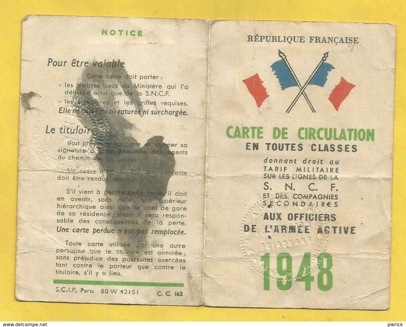 CARTE CHEMIN FER 1948 MILITAIRE SOUS LIEUTENANT CHASSEURS TARIF MILITAIRE SNCF - Autres & Non Classés